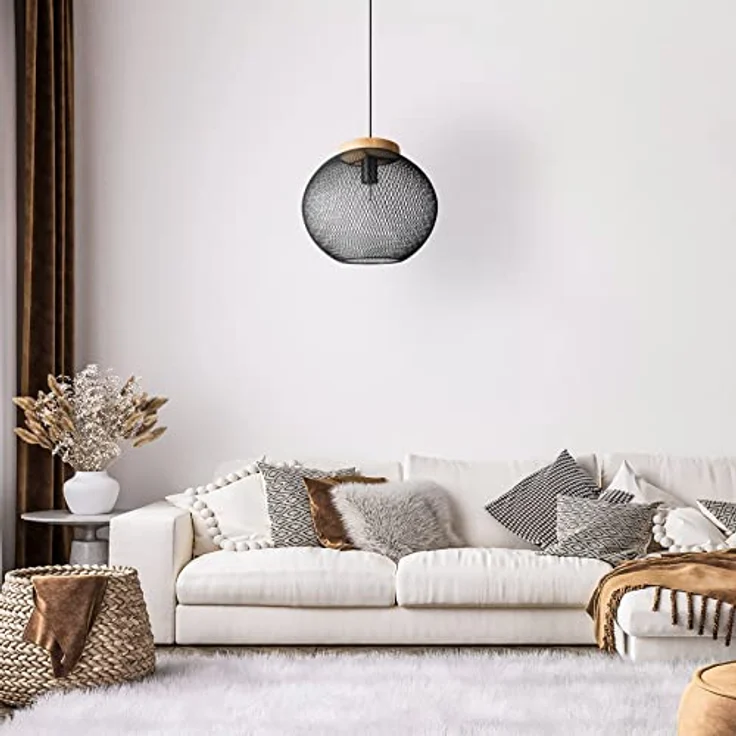 Paco Home Pendelleuchte Korblampe Metall, schwarze Hängelampe im Industrial-Design mit E27-Fassung und Holzdetails – Bild 2