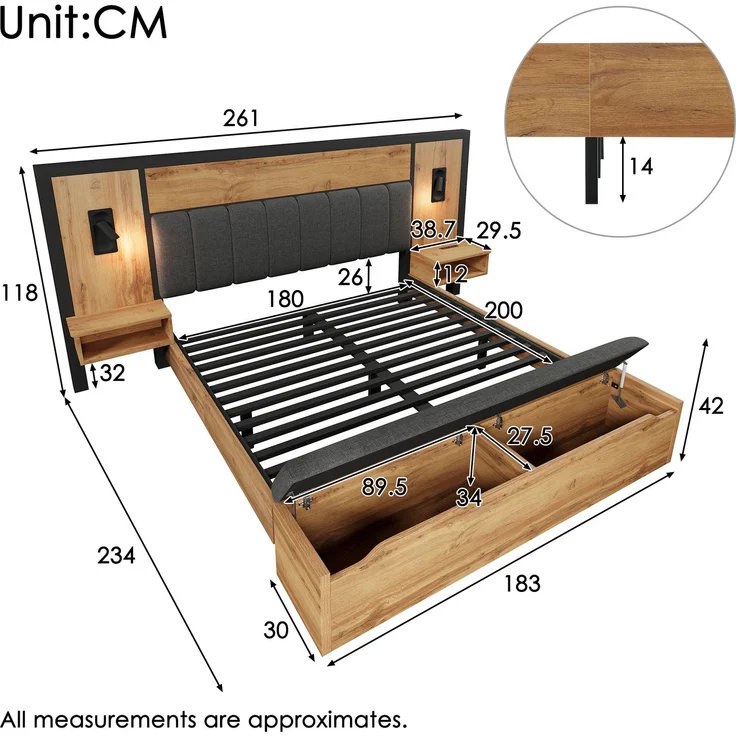 EINHOM Doppelbett Polsterbett 180 x 200 cm, Bettanlage mit Leselampe und USB C Nachttisch und Sitzbank mit Stauraum, Bettgestell mit Lattenrost aus Metall, Holz und Leinen, Eiche, (Ohne Matratze) – Bild 2