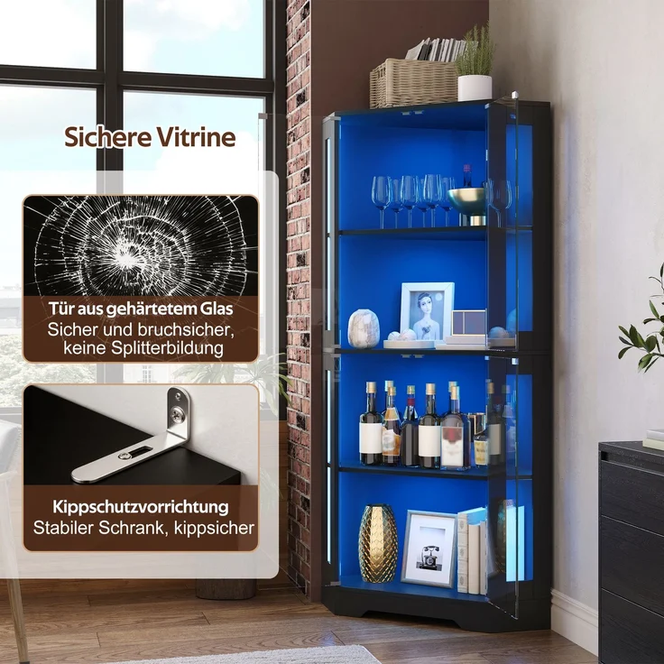 Merax 165 cm Glasvitrinenschrank mit LED, 4-stufiger Sicherheitsglas-Eckschrank, moderner Weinschrank, Schwarz – Bild 6