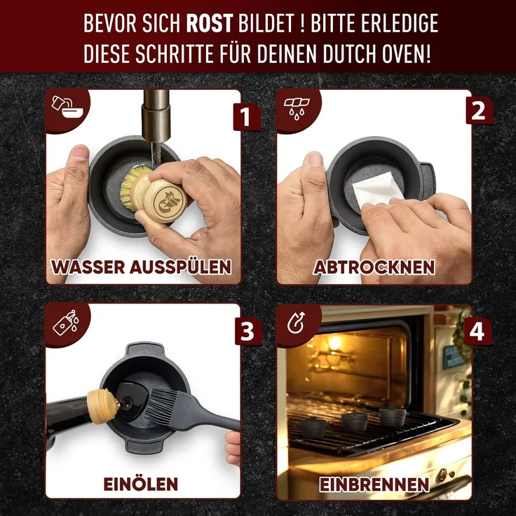 GUSSKÖNIG Dutch Oven Set Mini Topf mit Deckel 4Stk je 300 ml Pflegepaste – Bild 3