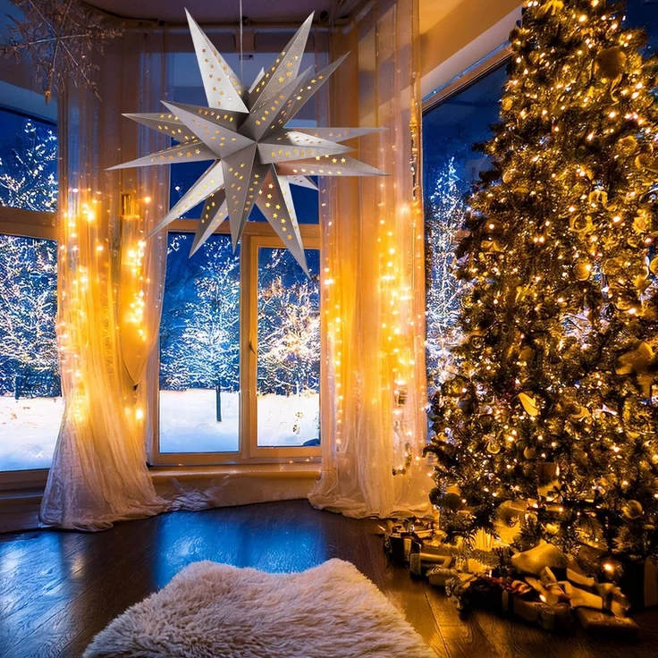 BRUBAKER LED Stern Weihnachtsstern für Innen - 60 cm XXL Leuchtstern - Hängend, Batteriebetrieben mit Timer, LED fest integriert, Warmweiß, Adventsstern für Fensterdeko Weihnachtsdeko - Papierstern Weihnachten – Bild 5
