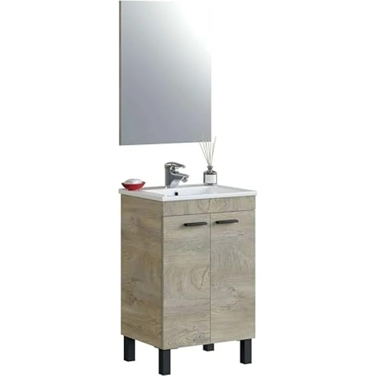 ARKITMOBEL, Badezimmerschrank mit 2 Türen & Spiegel – Waschbeckenmodul zur Wandmontage in Eiche Alaska, modernes Badmöbel, Maße: 50 x 80 x 40 cm (B x H x T), Modell Koncept (ohne Waschbecken) – Bild 1