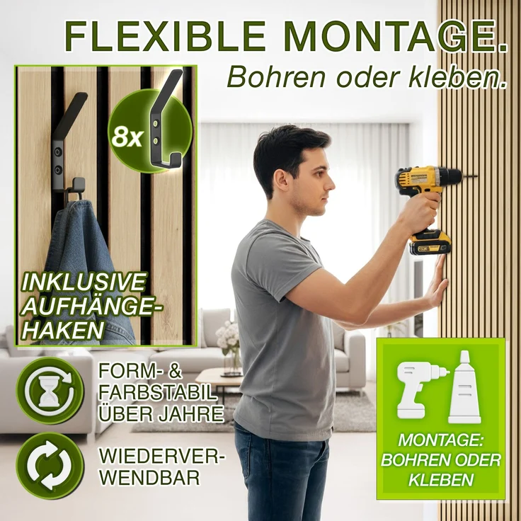 TRESKO® 4 Stück Akustikpaneele Holz 120×60 cm inkl. 8x Kleiderhaken | Wandverkleidung Eiche Hell als 3D Lamellenwand | Holzpaneele Paneele für Schallschutz | Akustik Wandpaneele mit Montageset – Bild 5