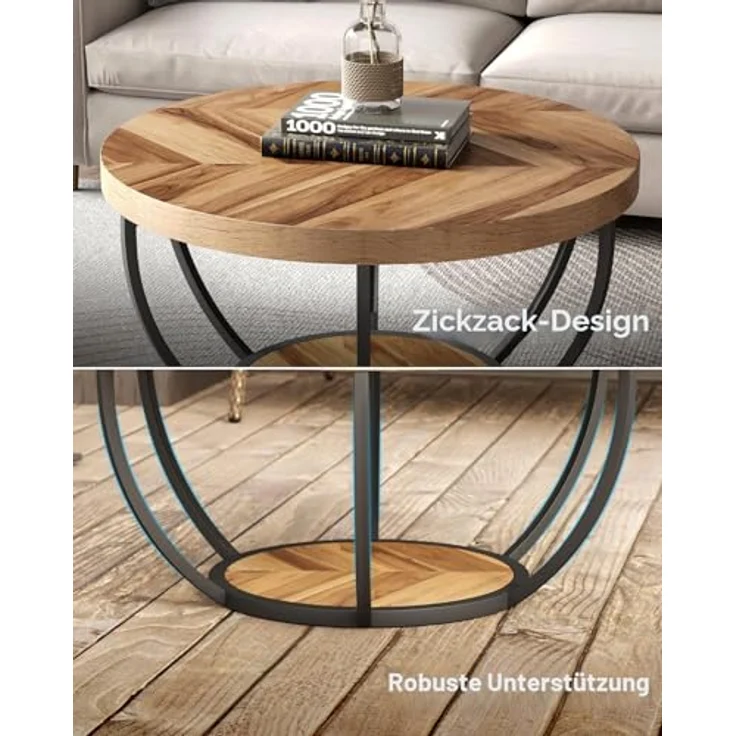 LITTLE TREE Runder Couchtisch, 81,3 cm, runder Couchtisch für Wohnzimmer, 2-stöckiger Holzakzent-Mitteltisch mit offenem Stauraum, Industrie-Design, Wohnmöbel (Holzmaserung und Schwarz) – Bild 7