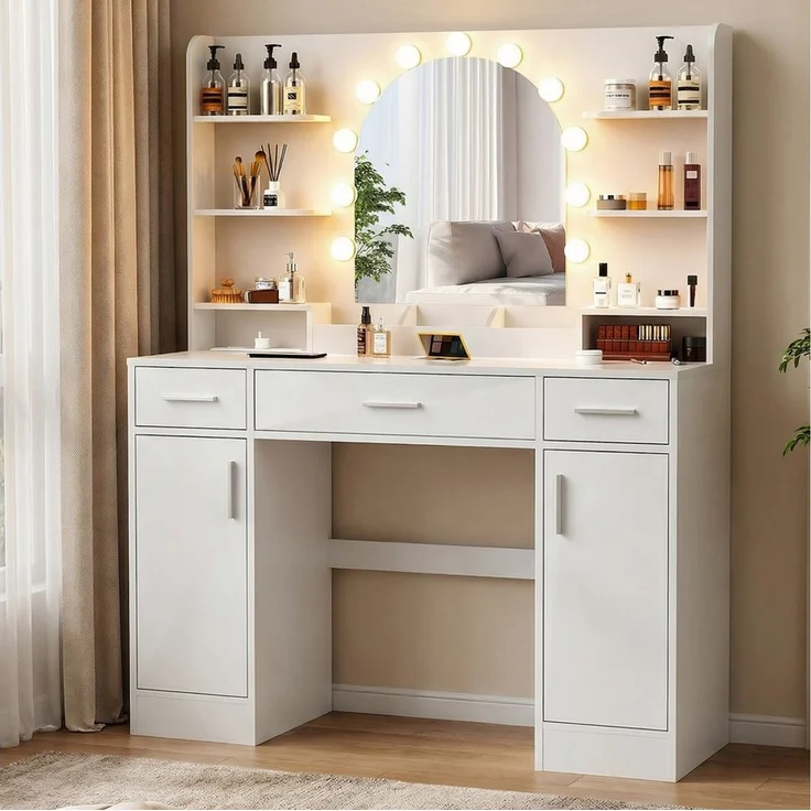 oyajia Schminktisch 110*40*140CM Frisiertisch mit 2 AC-Steckdosen, 1 USB-A und 1 USB-C (Frisiertisch weiß mit Spiegel), Mit LED-Beleuchtung, 3 Schubladen, 6 Fächer – Bild 1