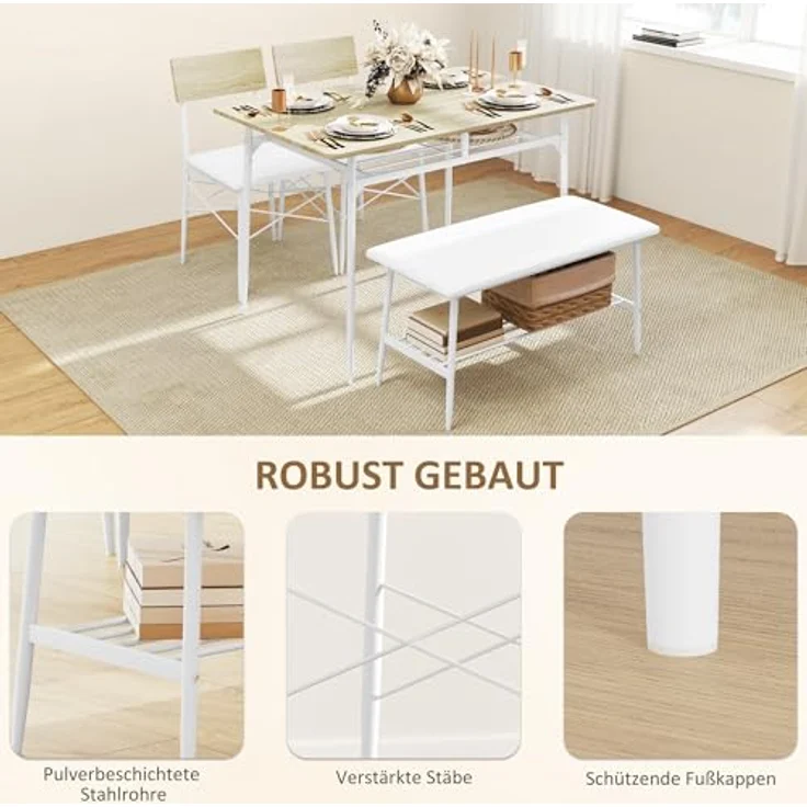 HOMCOM Esstisch-Set, rechteckig aus Eiche und Metall, 110x75x70 cm, inkl. 2 Stühlen und Bank, abgerundete Ecken, praktische Ablagefächer, Kunstlederbezug, für Esszimmer und kleine Küchen – Bild 6
