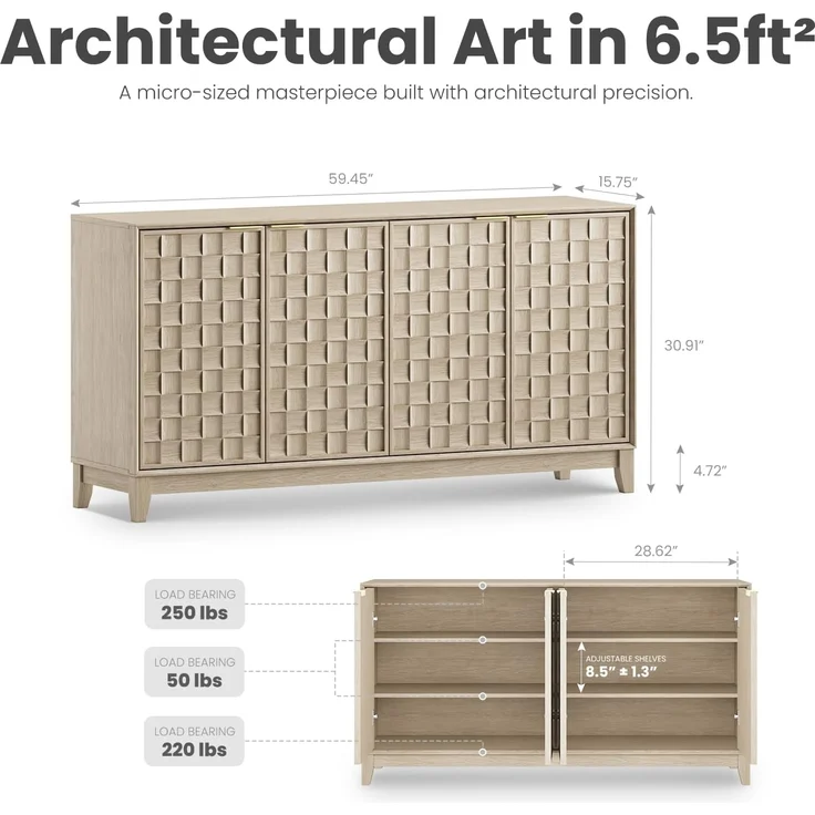 COLAMY Sideboard mit Riffel-Optik und Stauraum – Massivholz Anrichte für das Esszimmer, Schrank-Konsole mit verstellbaren Regalböden, Walnuss-Optik, Mid-Century-Moderne Stil, Eiche Weiß – Bild 2