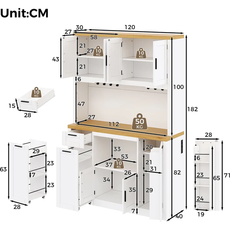 Abrihome Küchenschrank Hochschrank mit LED, Steckdosen, Vitrine, 3 Schubladen, Weiß, 120x40x182 cm – Bild 6