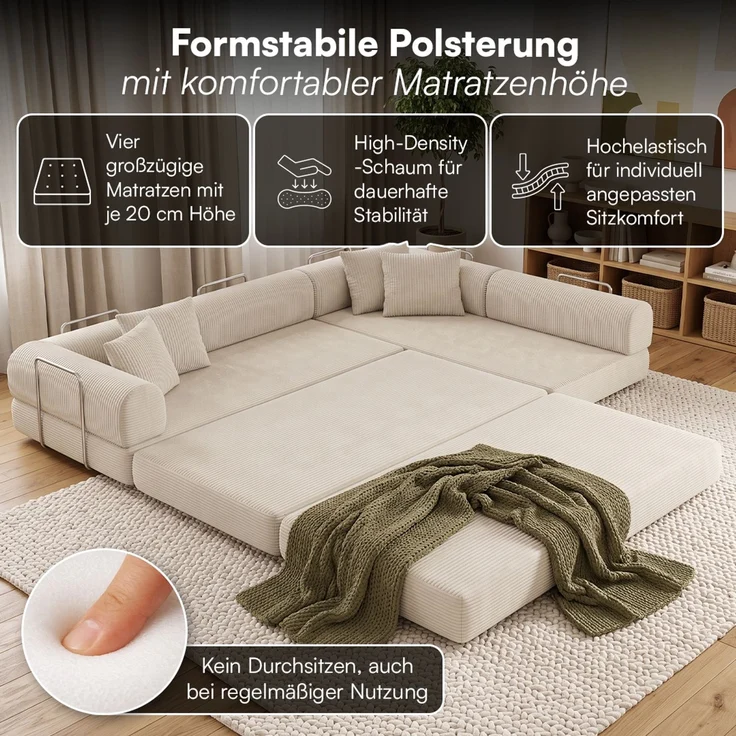 skølm 'Lofn' Modulares Sofa 4 Sitzer, 300x200 cm, Vollschaumcouch mit Metallgestell, Cord beige, Schlafsofa vakuumverpackt, kein Aufbau erforderlich – Bild 2