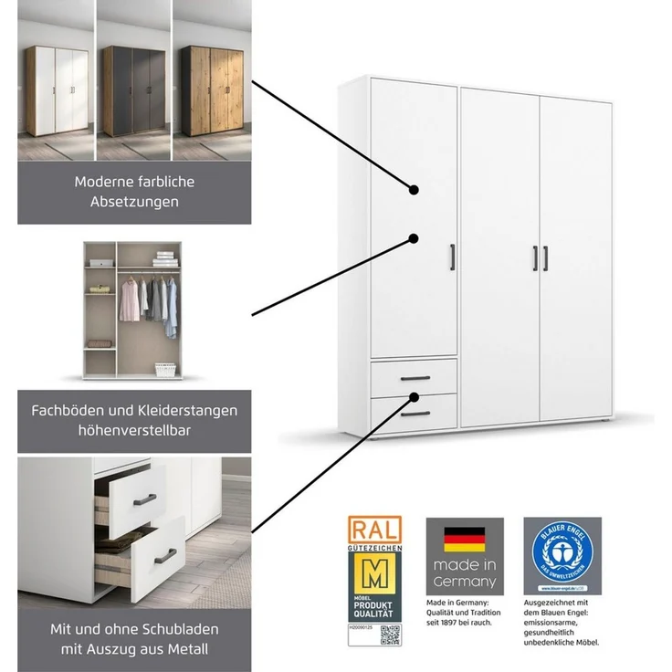 rauch Kleiderschrank VOYAGER Garderobe Wäscheschrank TOPSELLER Schlafzimmer (in 3 verschiedenen Ausstattungen BASIC/CLASSIC/PREMIUM) mit 2 modernen Griffvarianten, viel Stauraum MADE IN GERMANY – Bild 2