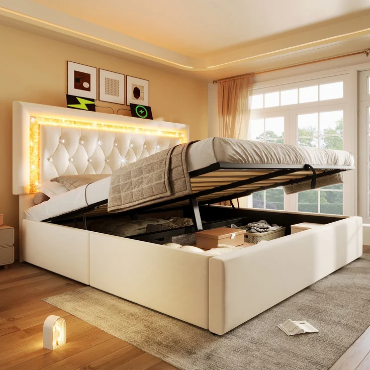 Wohnora-Polsterbett 180x200 cm Samt Doppelbett mit LED-Diamantstreifen, USB & Type-C Ladestation, hydraulischem Stauraumbett, modernes Jugendbett mit Lattenrost, Beige(Ohne Matratze),Beige – Bild 2