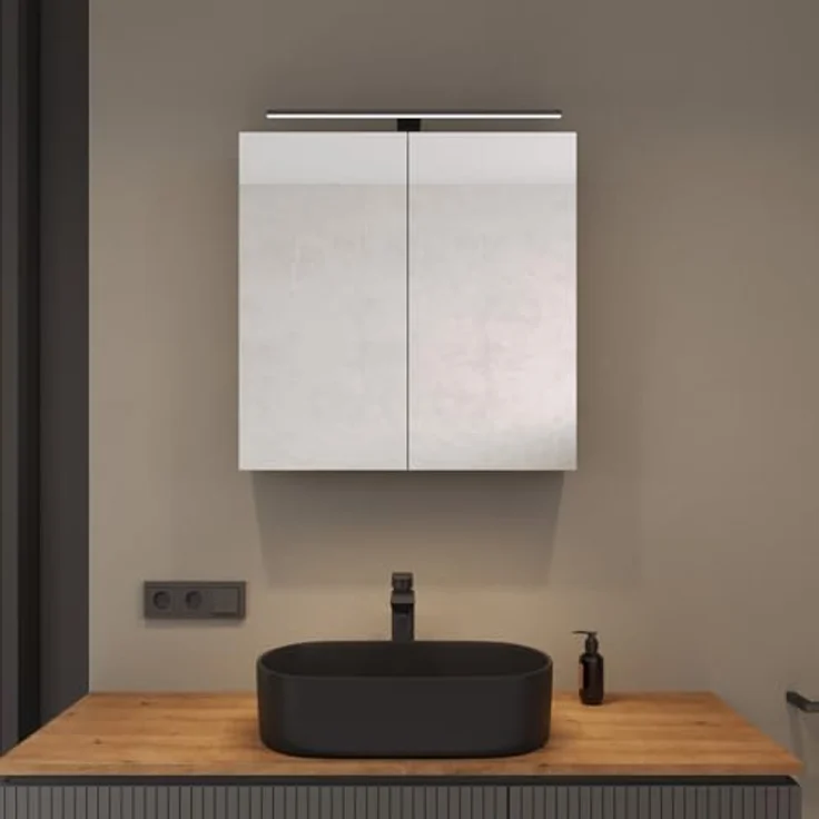 Planetmöbel ARIA Spiegelschrank Bad mit Beleuchtung 70 cm breit | Badschrank hängend mit Spiegel | Weiß Grau, mit Leuchte und Steckdose, Spiegelschrank Gäste WC 70 x 70 x 16 cm – Bild 3