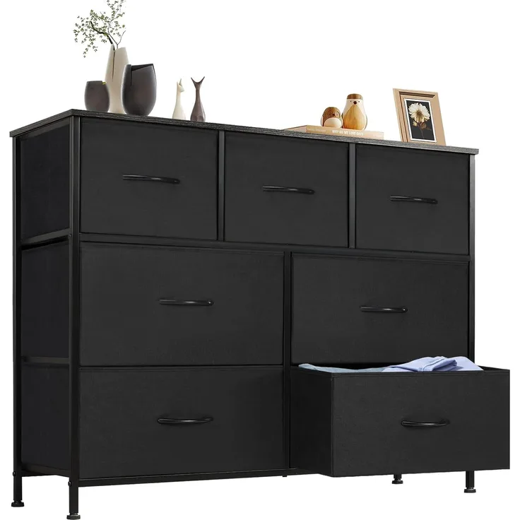 Sweetcrispy Kommode,Sideboard Wohnzimmer für Schlafzimmer mit 7 Stoffschubladen,Einstellbare Füße Schubladenschrank,Komodenschrank für Schlafzimmer,Klassisch Schwarz