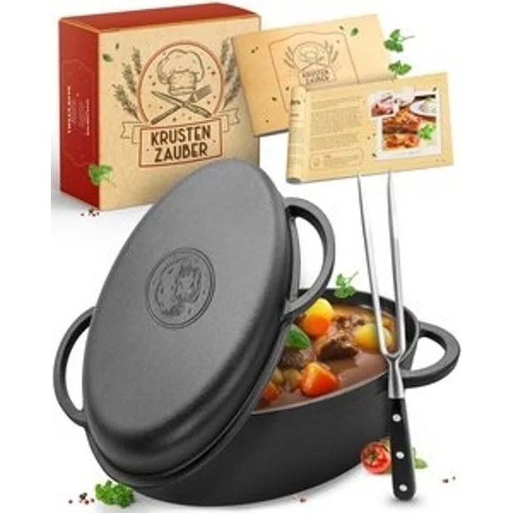 Krustenzauber Bräter 35cm Gusseisen Bräter mit Deckel backofengeeignet inkl. Fleischgabel, (Gusseisen Topf XXL - Idealer Schmortopf Kazan, Bräter Induktion), Gusseisenpfanne backofengeeignet – Bild 6