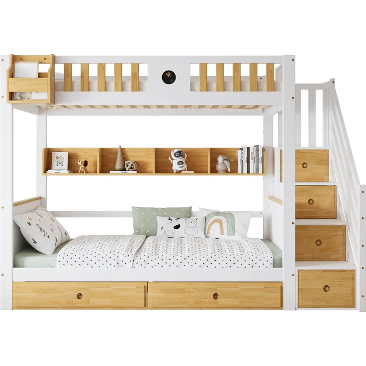 Merax Etagenbett 90x200cm mit Treppe, Reichlich Stauraum, Kinderbett mit 4 Schließfächer in der Treppe, mit Fallschutzgitter und 2 Schubladen, Offenes Regal, Weiß+Natur – Bild 10