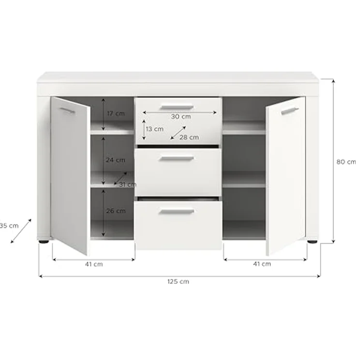 Xonox Sideboard, Weiß, 125x80x35 cm, mit 3 Schubkästen und 4 variablen Einlegeböden für flexiblen Stauraum – Bild 3