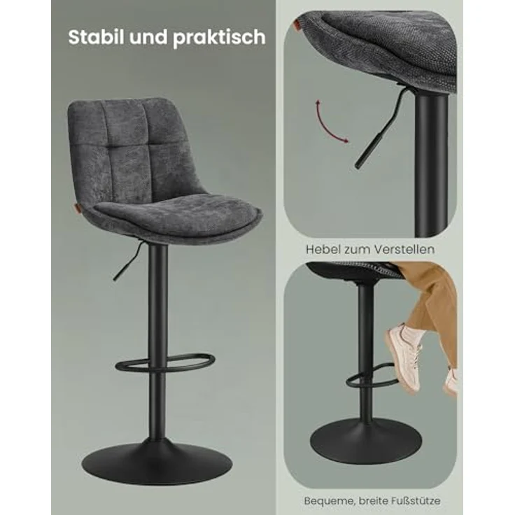 VASAGLE Barhocker 4er Set, Barstühle höhenverstellbar, drehbare Küchenhocker, mit Rückenlehne und Fußstütze, Esszimmer, Theke, Stahl, schiefergrau LJB495G02 – Bild 7