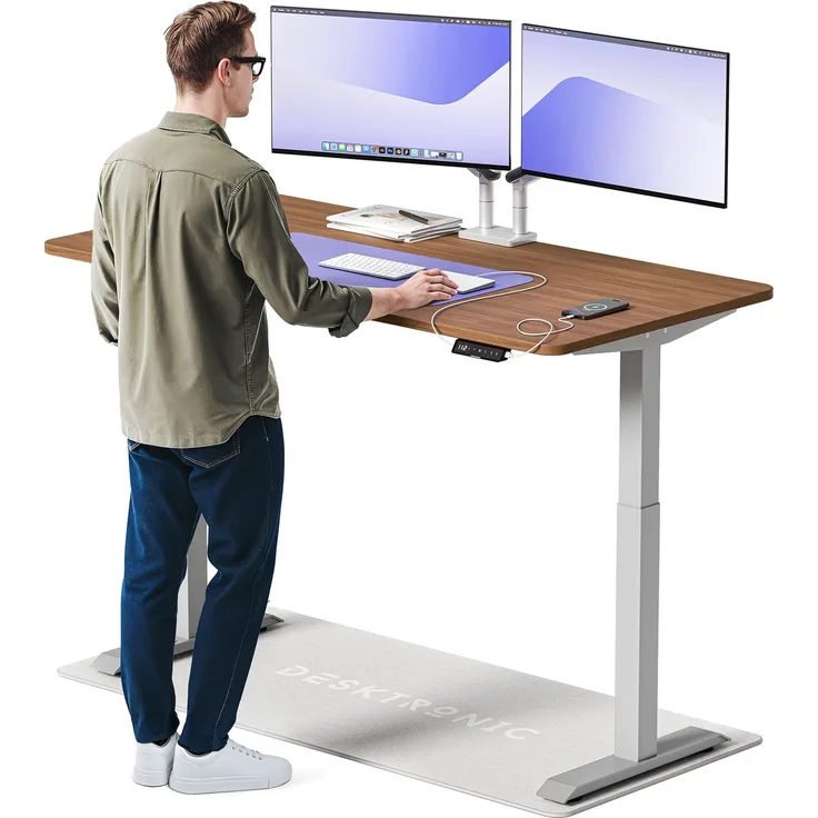 Desktronic HomeOne Elektrisch höhenverstellbarer Schreibtisch 160x80cm Grau/Walnuss mit Memory-Funktion, Anti-Kollisions Technologie, USB-A und USB-C-Ladeanschlüssen