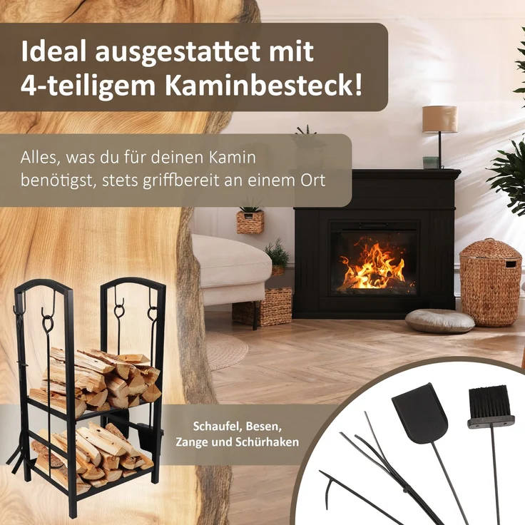Kaminholzregal mit 4 teiligem Kaminbesteck, Metallregal, Brennholzregal – Bild 4