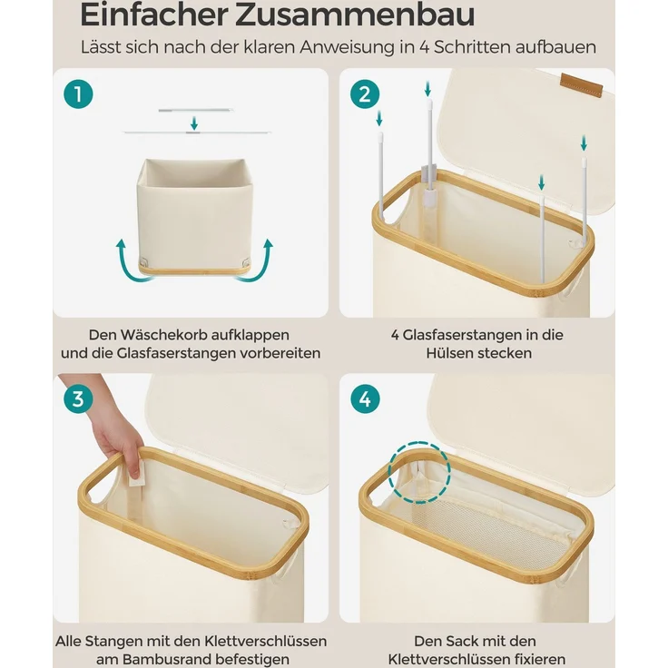 SONGMICS Wäschekorb mit Deckel und herausnehmbarem Wäschesack, zusammenklappbar, Bambus / Oxford-Gewebe cremeweiß, 65 l – Bild 4