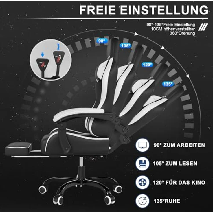 JUMMICO Gaming Stuhl, Bürostuhl Ergonomisch Mit Massagefunktion, Gamer Stuhl verstellbare Rückenlehne 90-135°,und fußstütze, Gamingstuhl 150 kg belastbarkeit, Weiß – Bild 6