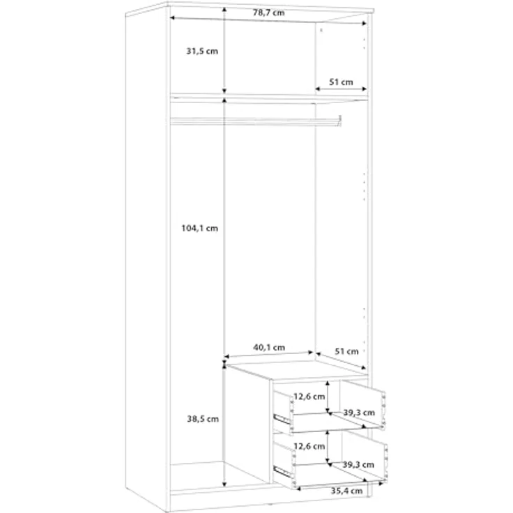 FORTE NIKO Kleiderschrank 82, Scandi Kleiderschrank mit 2 Türen und 2 Schubladen, Holzwerkstoff, Artisan Eiche Dekor, 81,9 cm breit, 185 cm hoch, 52,7 cm tief – Bild 7