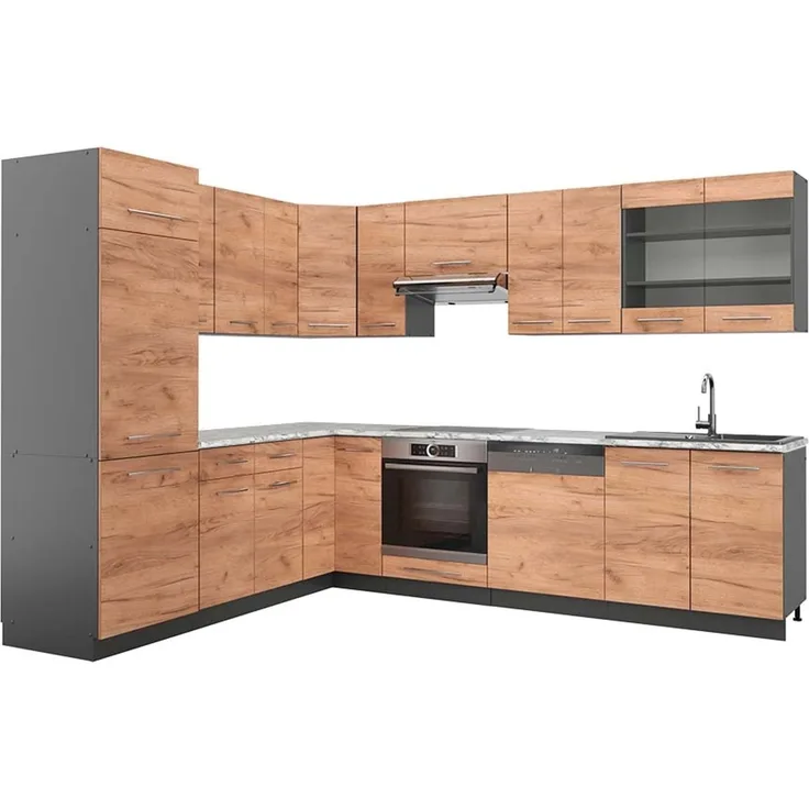 Eckküche Fame-Line Goldkraft Eiche/Anthrazit 287 x 60 cm , AP Marmor Vicco