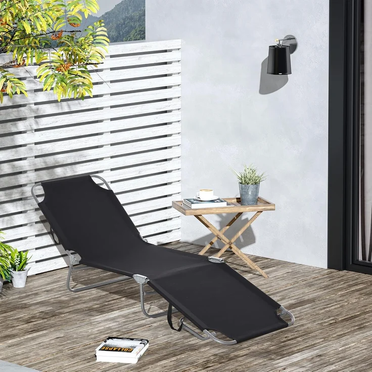 Outsunny Gartenliege Sonnenliege klappbarer Liegestuhl mit verstellbarer Rückenlehne, Campingliege, 1 St, Balkonliege, für Balkon, Terrasse, Oxford, Schwarz – Bild 2