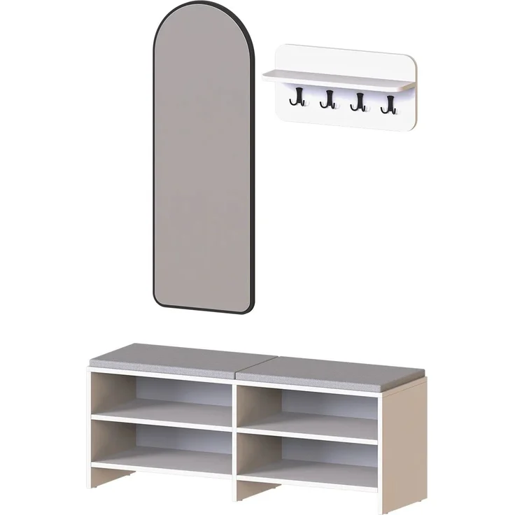 Roomart LENA Garderobenset 3-teilig – Sitzbank 120 cm, Wandgarderobe & Bogenspiegel – Flurgarderobe – H 50 x B 120 x T 37 cm (Sitzbank) • Weiß – Bild 7