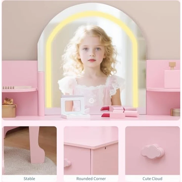 GarveeLife Schminktisch für Kinder mit Hocker und LED-Spiegel, Kleiner Schminktisch mit Schublade und 1 offenen Fächern, für Mädchen von 3 – 6 Jahren, Rosa, inklusive Zubehör – Bild 8