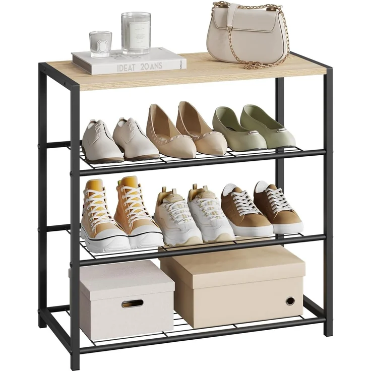 WOLTU Schuhbank Schuhregal mit Sitzfläche Badregal Schuhablage Schuhkommode Schuhständer Organizier Sitzbank mit 3 Ablagen für 9 Paar Schuhe Holz Metall SR0087
