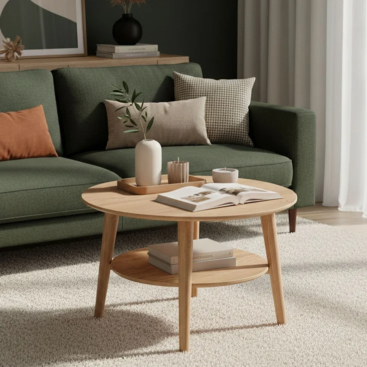skølm 'Mjölnir' Couchtisch rund, Massivholz Eiche, natur geölt, Wohnzimmertisch Ø70 cm, Beistelltisch für Wohnzimmer mit Ablage – Bild 1