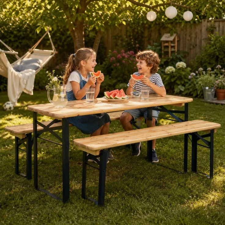 HAGO Garten-Kindersitzgruppe Kindersitzgruppe Gartenbank Klappbank Bierzeltgarnitur Holz, (3-tlg), Klappbar – Bild 3