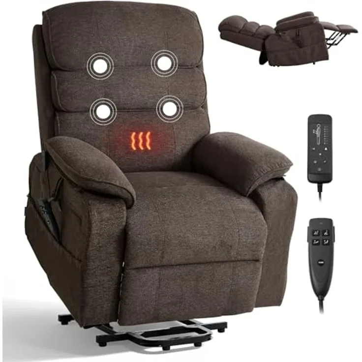 VEVOR Fernsehsessel Elektrisch, Relaxsessel mit Aufstehhilfe, Wärme- & Massagefunktion, Seniorensessel Stufenlose Verstellung, Massagesessel mit Chenille-Bezug & Fernbedienung, Braun