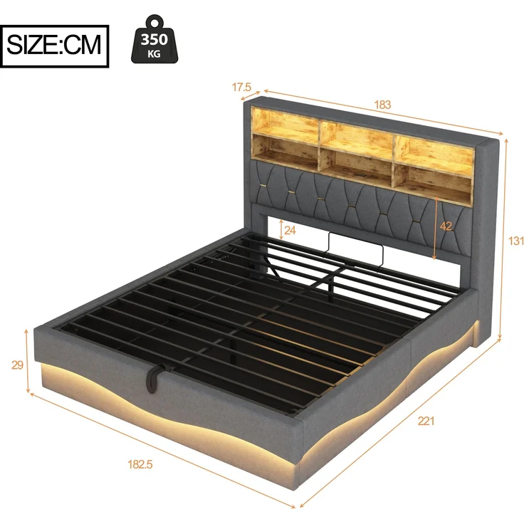 Polsterbett 180x200 cm mit Stauraum und LED-Beleuchtung – Leinenbezug & Metall-Lattenrost – Bild 10