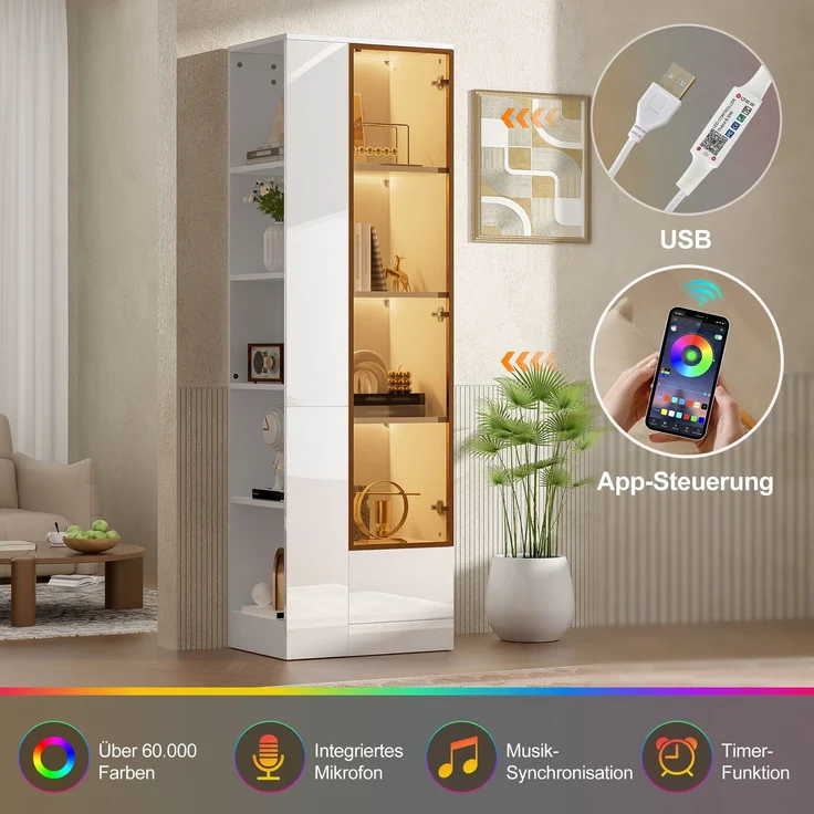 Vitrine mit Glastür & LED-Beleuchtung – Hochglanz-Schrank mit Schubladen & offenen Fächern, viel Stauraum für Wohnzimmer & Esszimmer, Weiß, 50x35x160 cm – Bild 8