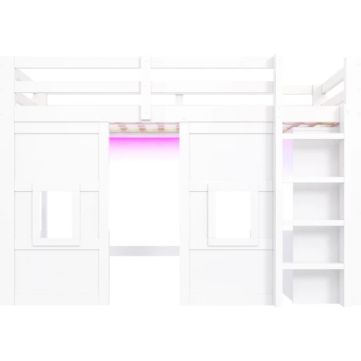 90 x 200 cm großes Hochbett aus Holz mit integriertem Kleiderschrank, 2 Fenstern und LED-Beleuchtung, weiß – Bild 7