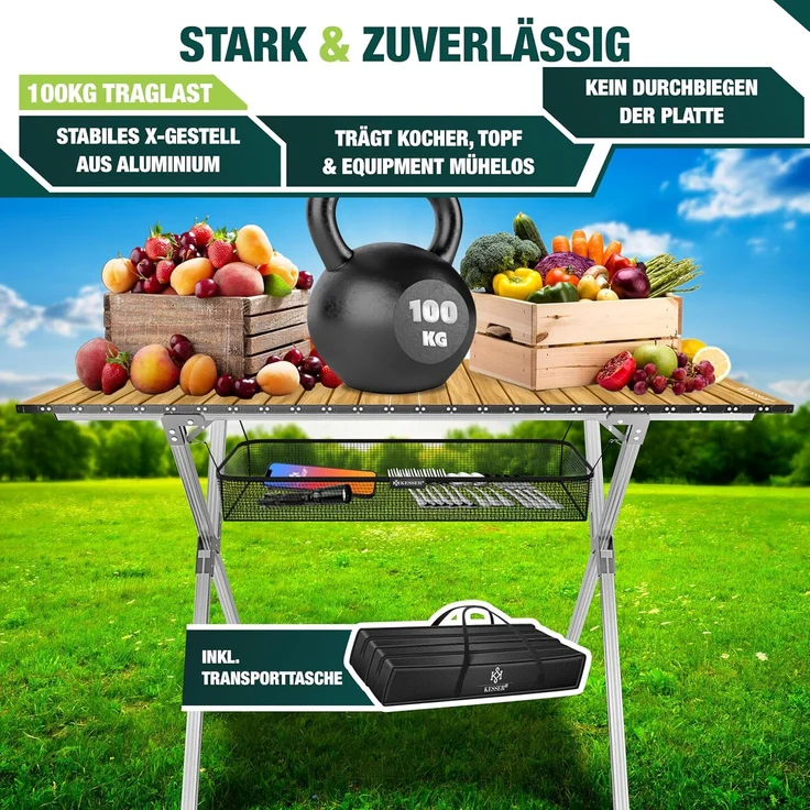 KESSER® Campingtisch faltbar Klapptisch mit Aluminiumrahmen Aufrollbare Tischplatte Falttisch klappbar inkl. Tragetasche mit Trageband & Netztasche, Holz-Optik 145 cm, Braun / Silber – Bild 5