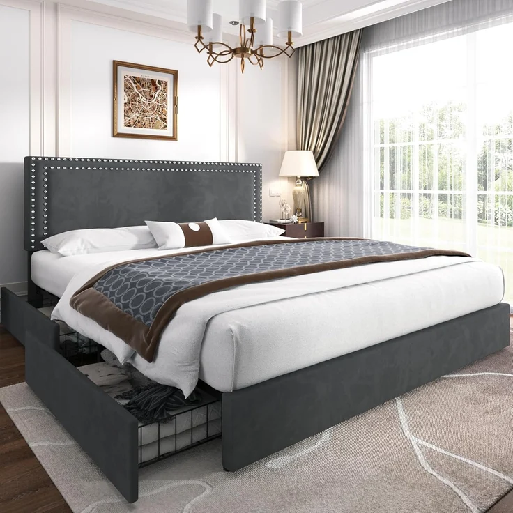 VECELO Polsterbett 140x200 cm Doppelbett mit 4 Schubladen und Höhenverstellbarem Kopfteil, Bettrahmen mit Lattenrost, Gepolstertes Bettgestell, Kein Boxspring erforderlich, Samt, Ohne Matratze, Grau – Bild 1