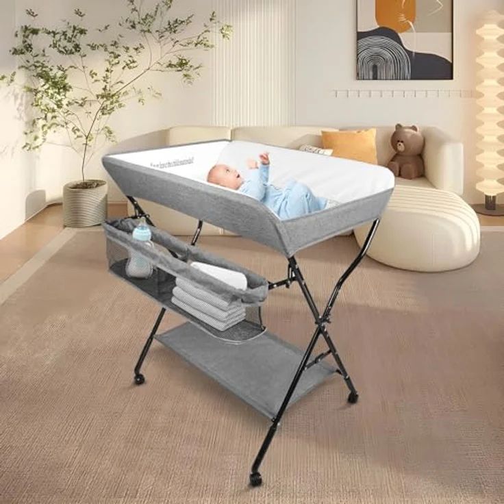 Wickeltisch Faltbar und Tragbar 3 in 1, max. Belastung 25 kg für neue, Wickeltisch mit Aufbewahrungskorb, Sicherheitsgurt und 4 Rollen mit Bremse, höhenverstellbar, 86 * 62 * 96 cm-grau – Bild 4