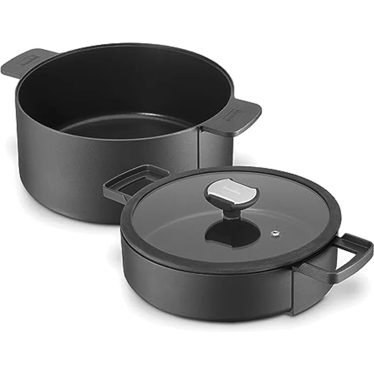Berndes b. double Multifunktionales Bräter-Set, 3-tlg, Kochtopf mit Glasdeckel, Servierpfanne, Antihaftversiegelung, Aluminiumguss, Schwarz, 035100