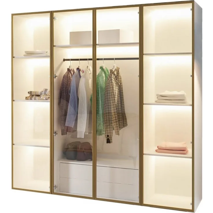 Compleo Drehtürenschrank mit LED-Beleuchtung,Glasfronten, Perfekt Garderobe mit 2 Schubladen