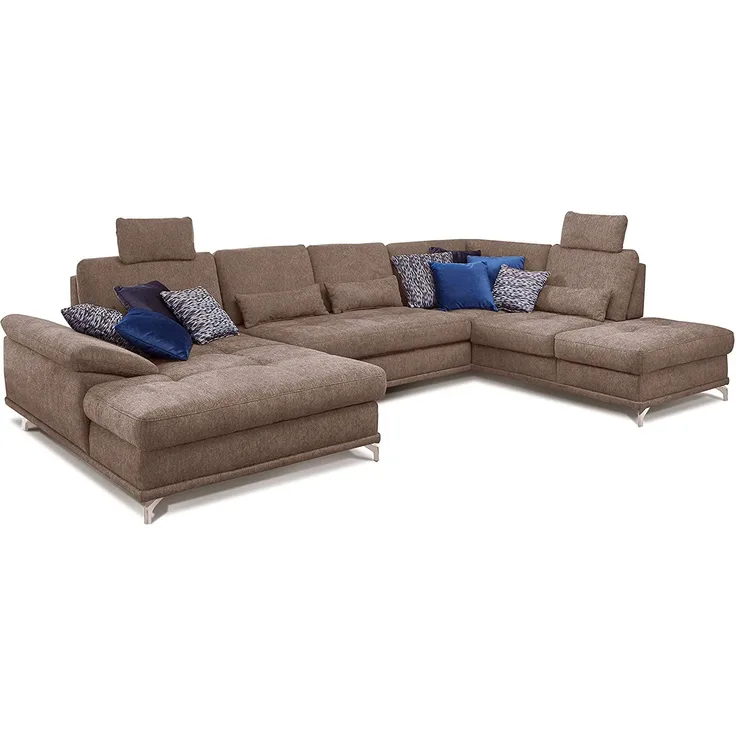 Cavadore Wohnlandschaft Castiel mit Federkern / Großes Schlafsofa in U-Form mit Bettkasten, Sitztiefenverstellung und Kopfstützen / 368 x 114 x 232 / Webstoff, Hellbraun