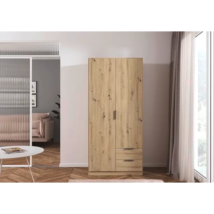 Rauch Möbel Lagoa, Kleiderschrank, Garderobe für Schlafzimmer, Kinderzimmer, Jugendzimmer 2-türig, 2 Schubladen, mit Zubehör Premium, Farbe Eiche Artisan, Holz, Breite 91 – Bild 3