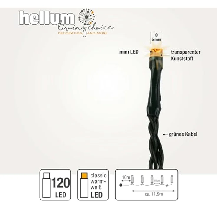 hellum Lichterkette außen 120 LED klassisch warmweiß, Lichterkette innen, Weihnachtsbeleuchtung außen, mit Timer, 11,9m beleuchtete Länge, Kabelfarbe grün – Bild 3