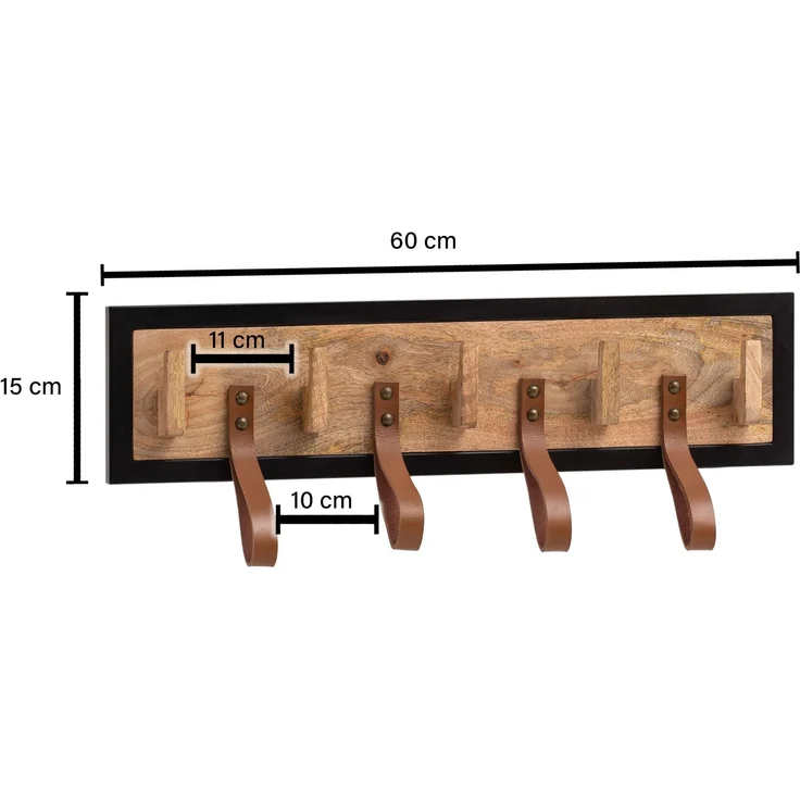 Wandgarderobe Mango Massivholz Echtleder 60x15x6cm Hakenleiste Metallrahmen – Bild 4
