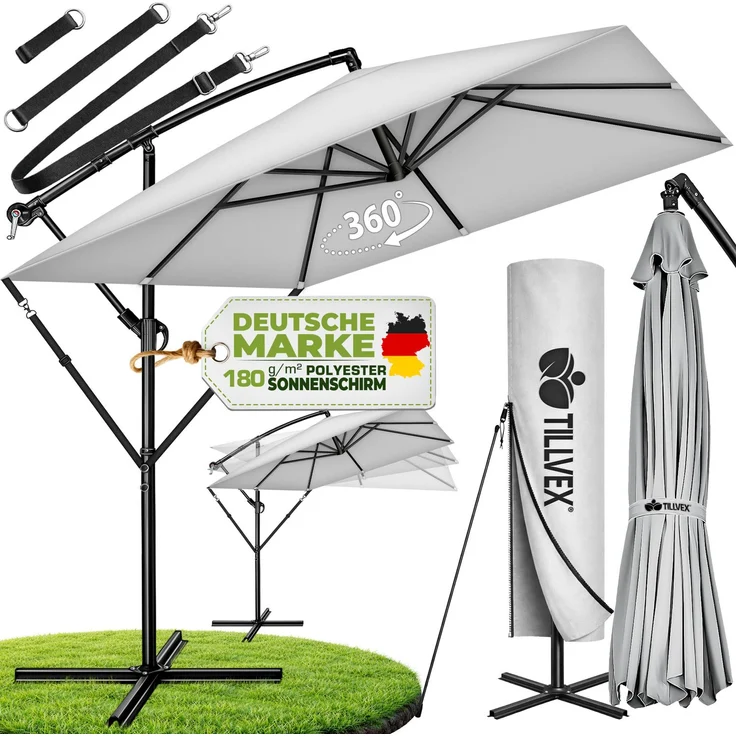 tillvex® Alu Sonnenschirm Rechteckig Ø 330 cm Grau + Abdeckung mit Kurbel | Ampelschirm Eckig mit Ständer & Windschutz | Gartenschirm UV-Schutz Aluminium | Kurbelschirm Marktschirm wasserdicht 360° drehbar – Bild 1
