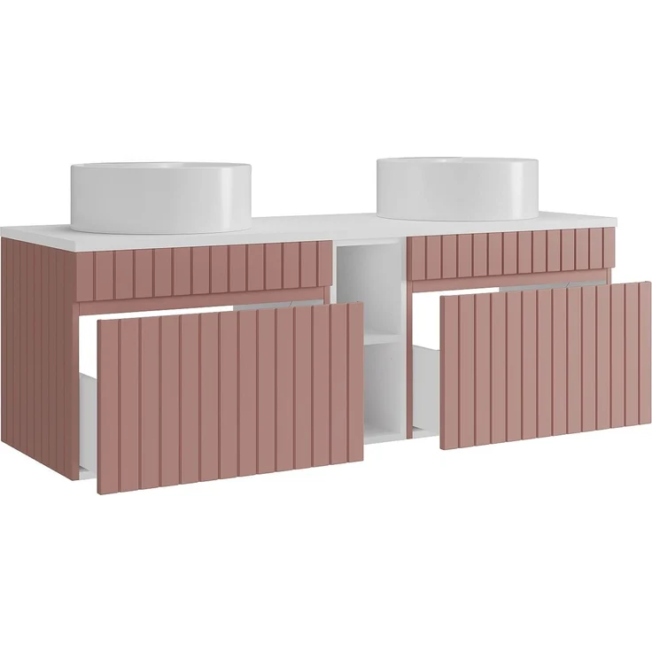 Vente-unique - Hängender Badezimmer-Unterschrank gerillt mit Fächern und Doppel-Aufsatz-Waschbecken rund – Rosa – B140 cm – SATARA – Bild 5