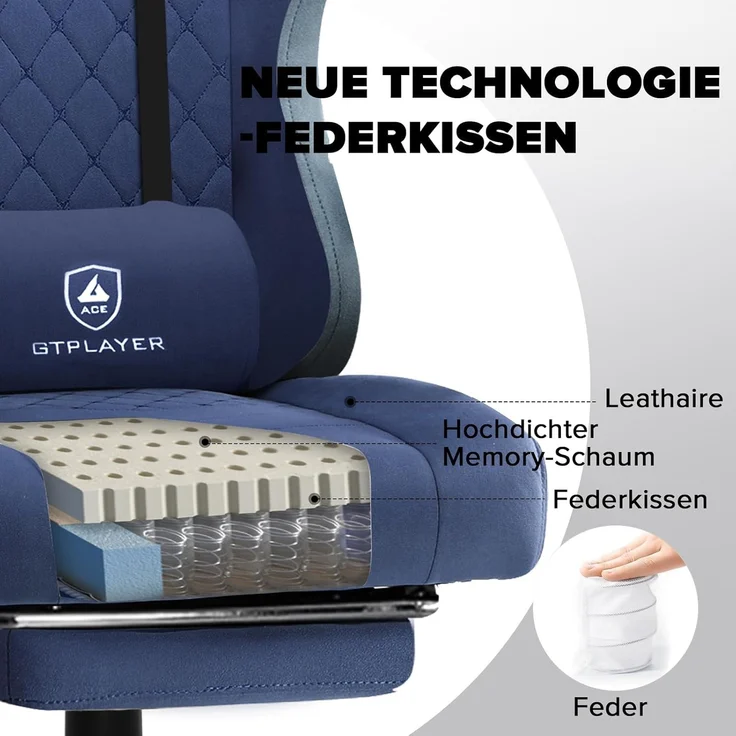 GTPLAYER Gaming Stuhl Ergonomischer Gaming Sessel Schreibtischstuhl mit Stoffoberfläche, Federsitzkissen, Verbindungsarmlehnen und Fußstütze blau – Bild 2