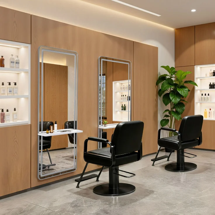 BarberPub Wandspiegel mit Beleuchtung, Ganzkörperspiegel mit Aluminiumrahmen, Großer Spiegel mit Ablage, Touch-Schalter, 3 Lichtfarben Dimmbar, für Friseursalon, 17x65x177 cm, J6271 (Weiß-Silber) – Bild 2